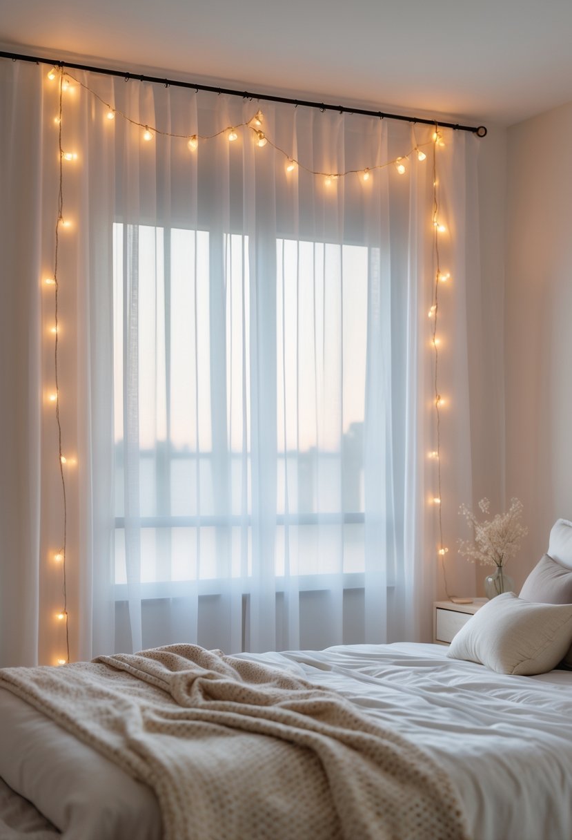A cozy bedroom with sheer curtains and warm string lights glowing behind them, a bed with pillows and a blanket is visible.