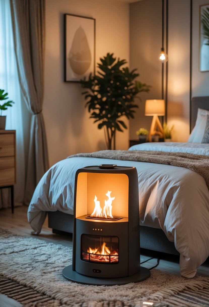A cozy bedroom with a small indoor fireplace, a made bed, and warm lighting.