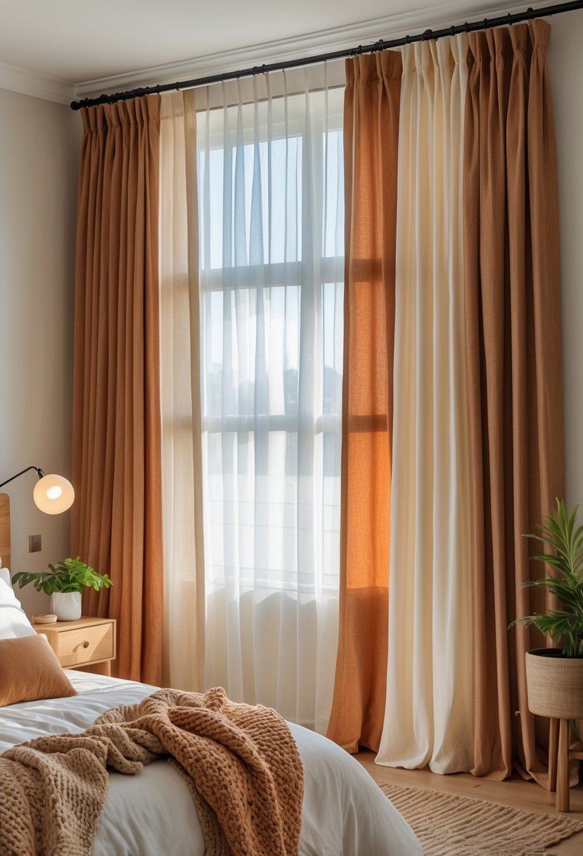 A cozy bedroom with layered curtains on a window, a neatly made bed with pillows and a throw blanket, a nightstand with a plant and lamp, and soft natural light coming through the curtains.