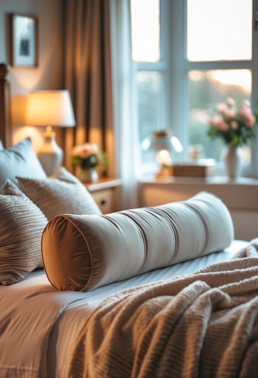 A cozy bedroom with a neatly made bed featuring a soft lumbar pillow in the center, warm lighting, and simple decorative elements.
