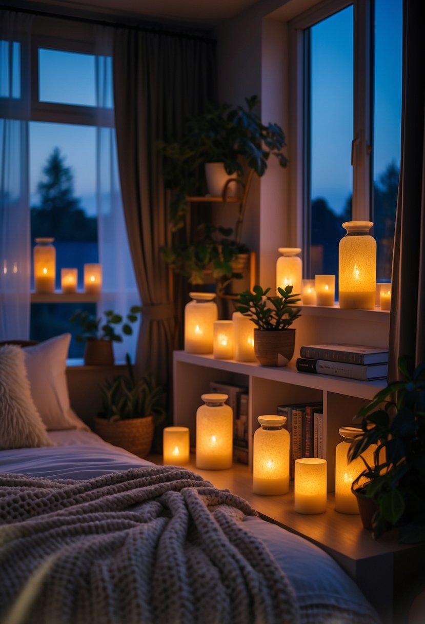 A cozy bedroom softly lit by multiple candle lanterns creating a warm and inviting evening atmosphere.