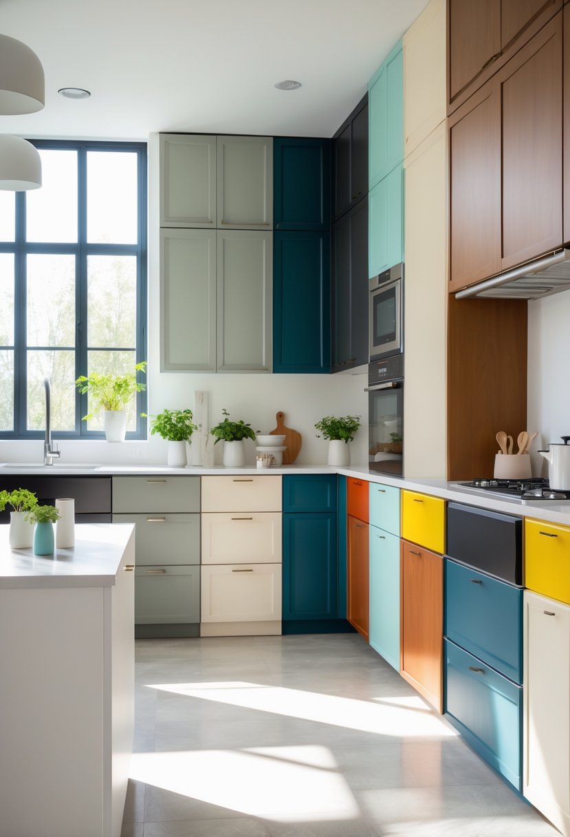 A kitchen interior showing multiple sections of cabinets in different colors arranged side by side.