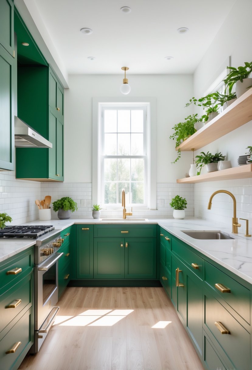 A modern kitchen with emerald green cabinets, white countertops, and stainless steel appliances, bathed in natural light.