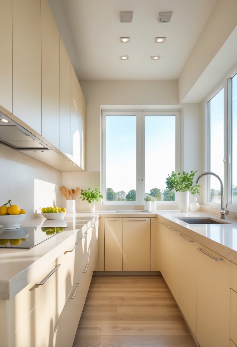 A modern kitchen with almond beige cabinets, stainless steel appliances, a kitchen island, and natural light coming through large windows.