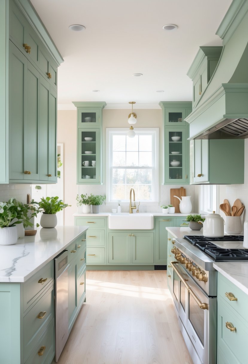 A bright kitchen with sage green cabinets, a large island, stainless steel appliances, and natural light coming through windows.