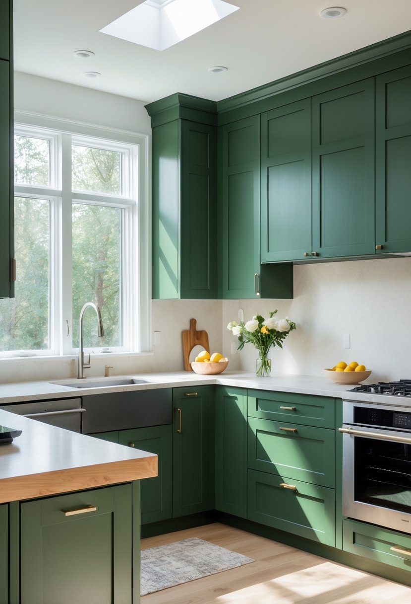 A modern kitchen with forest green cabinets, light countertops, stainless steel appliances, and natural light coming through large windows.
