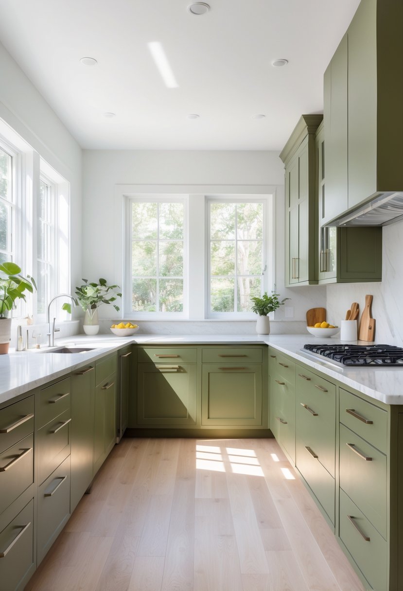 A kitchen with olive green cabinets, a large island with white countertops, stainless steel appliances, and natural light coming through windows.