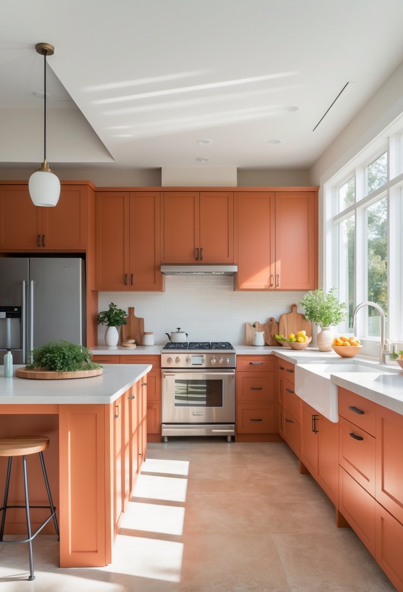 A bright kitchen with terracotta-colored cabinets, light countertops, stainless steel appliances, and a kitchen island with bar stools.