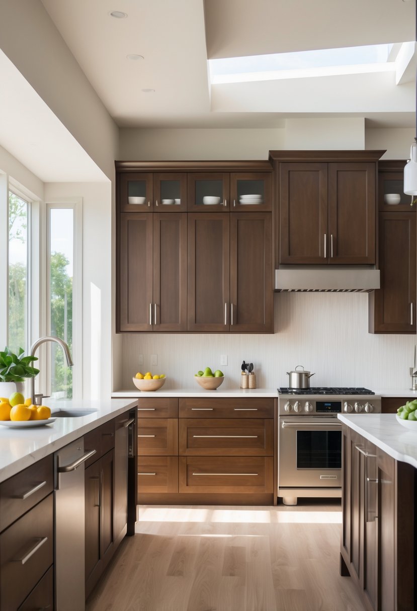 A bright kitchen with mocha brown cabinets, a large island, stainless steel appliances, and light hardwood flooring.