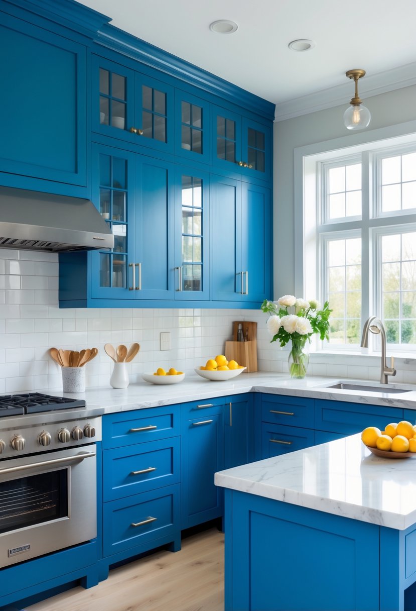 A modern kitchen with sapphire blue cabinets, white marble countertops, stainless steel appliances, and a kitchen island with bar stools.