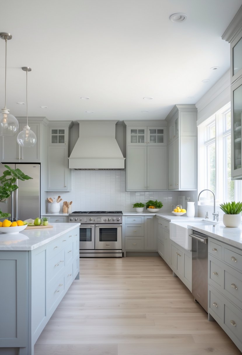 A bright kitchen with soft gray cabinets, a large island, stainless steel appliances, and natural light coming through windows.