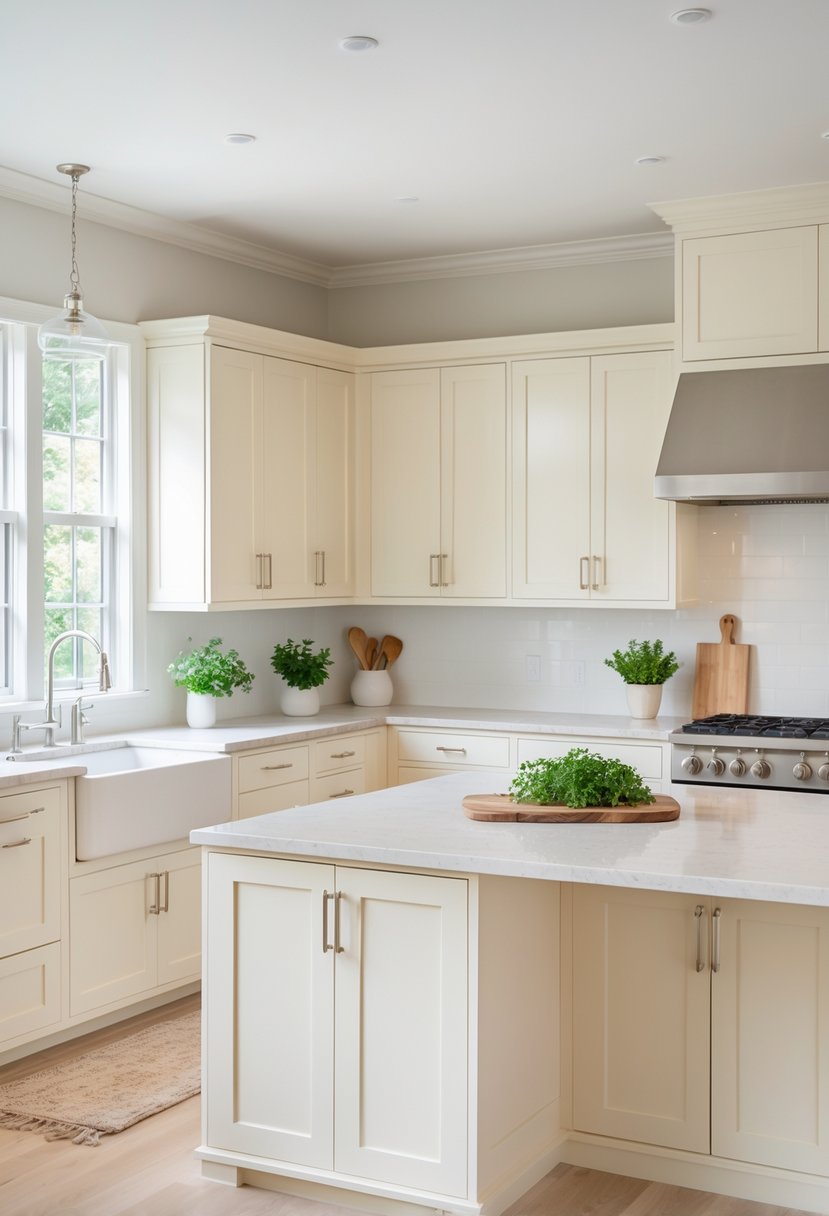 Bright kitchen with creamy white cabinets, a central island, stainless steel appliances, and natural light coming through large windows.