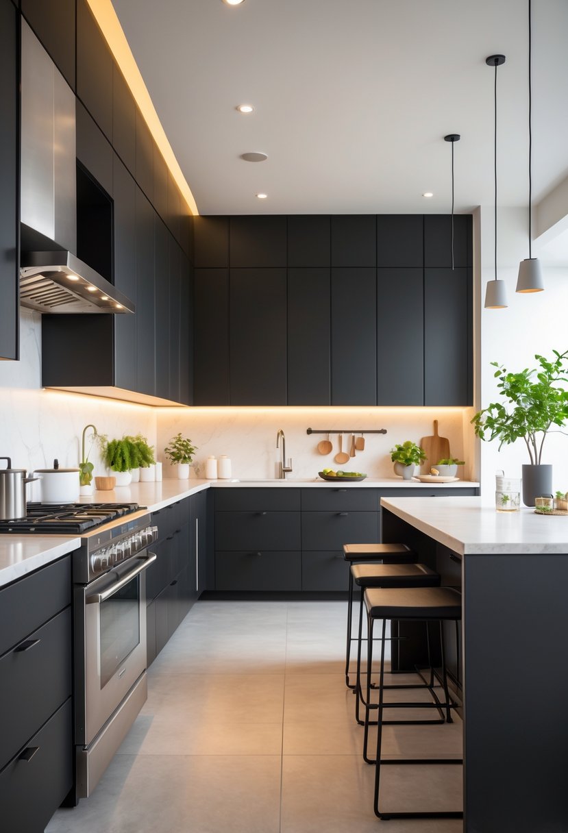 A modern kitchen with matte black cabinets, a large island, stainless steel appliances, and warm lighting.
