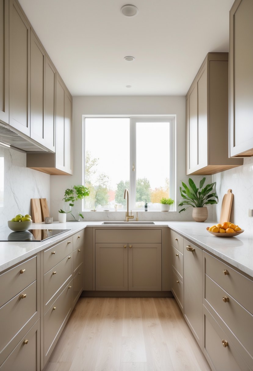 A modern kitchen with warm taupe cabinets, a white marble island, stainless steel appliances, and natural light coming through large windows.