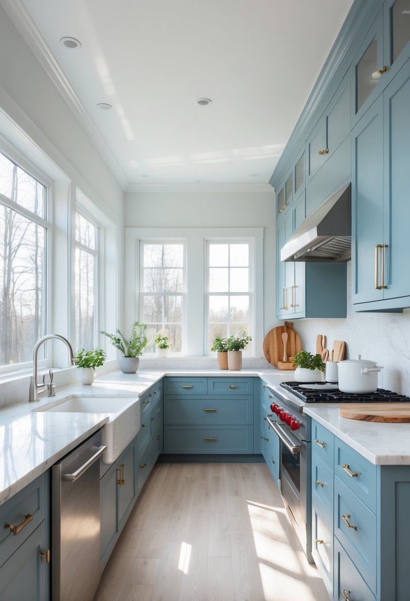 A modern kitchen with dusty blue cabinets, white marble countertops, stainless steel appliances, and natural light coming through large windows.