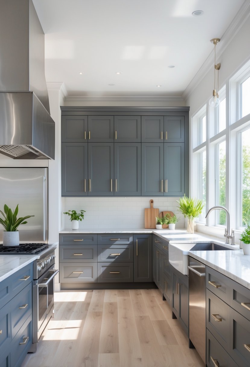 A modern kitchen with charcoal gray cabinets, a large island, stainless steel appliances, and natural light coming through windows.