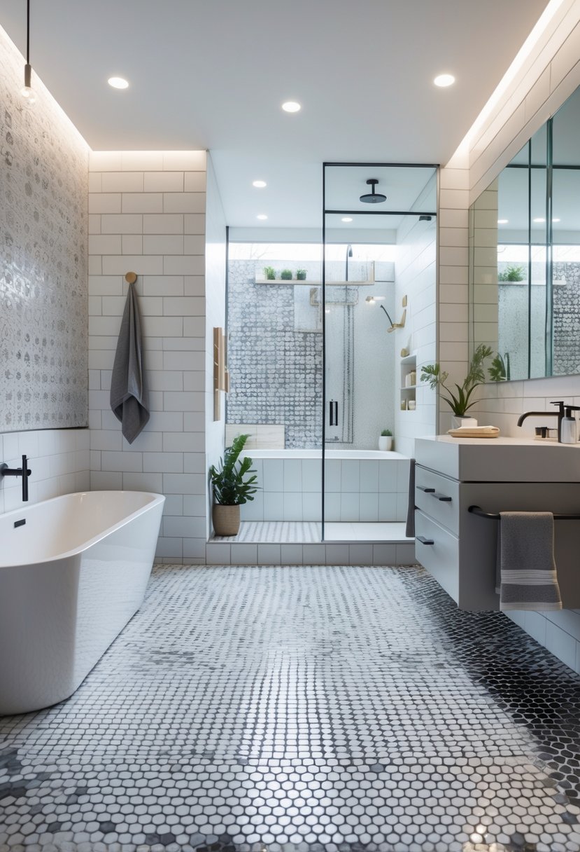 A modern bathroom interior with various tile designs on the floor and walls, featuring a bathtub, glass shower, and vanity.