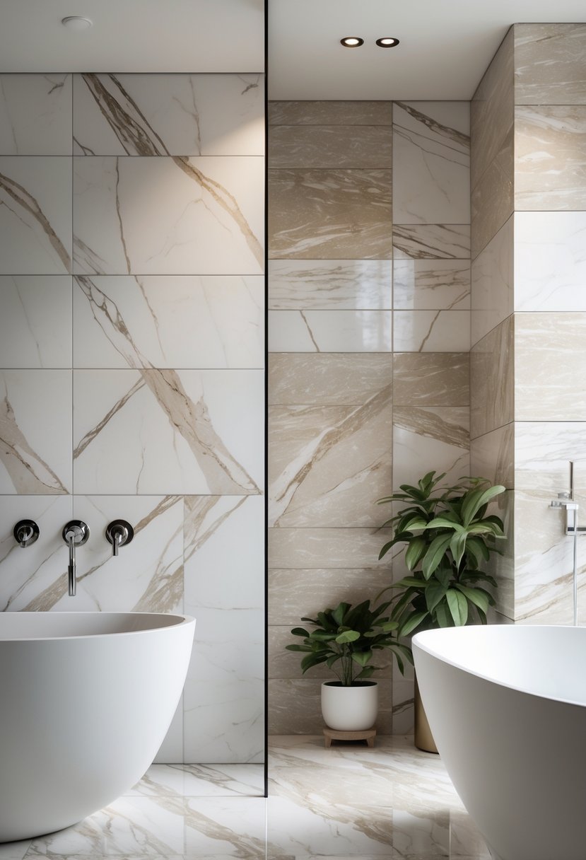 Close-up of marble tiles on bathroom walls and floor with a bathtub and faucet in the background.
