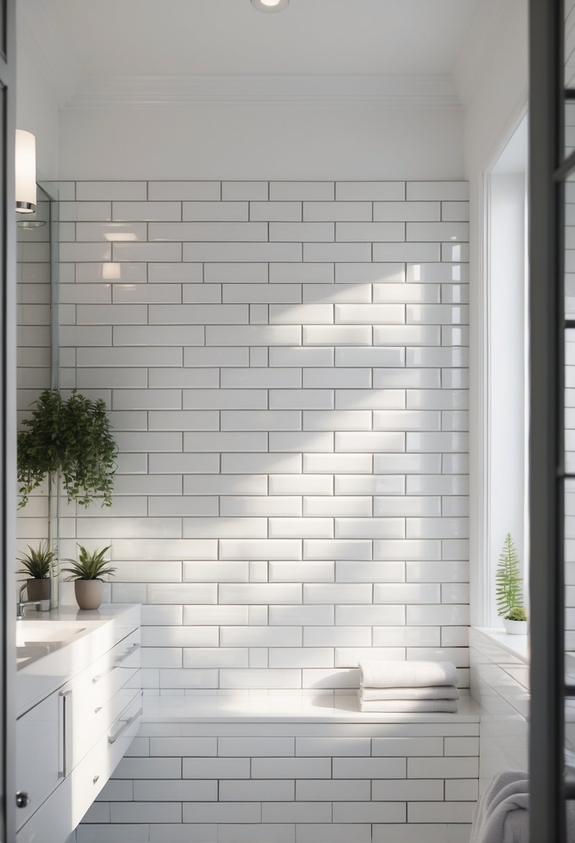 A bathroom interior with white subway tiles on the walls, a vanity with chrome fixtures, and a small potted plant.