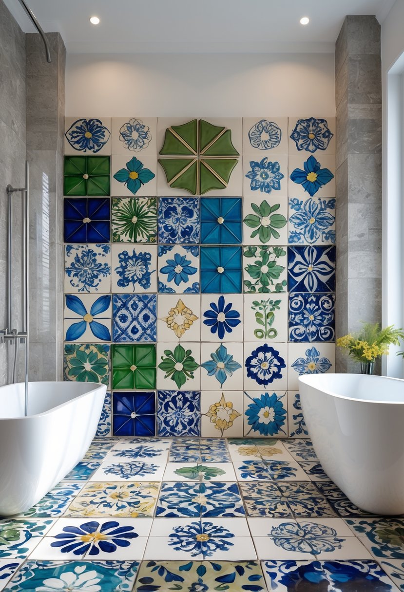 A bathroom interior featuring thirteen different handmade ceramic tiles with unique patterns displayed on the walls and floor around a bathtub and sink.