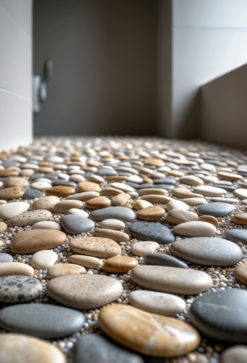 Close-up view of a bathroom floor covered with smooth, natural pebble tiles in earthy tones.