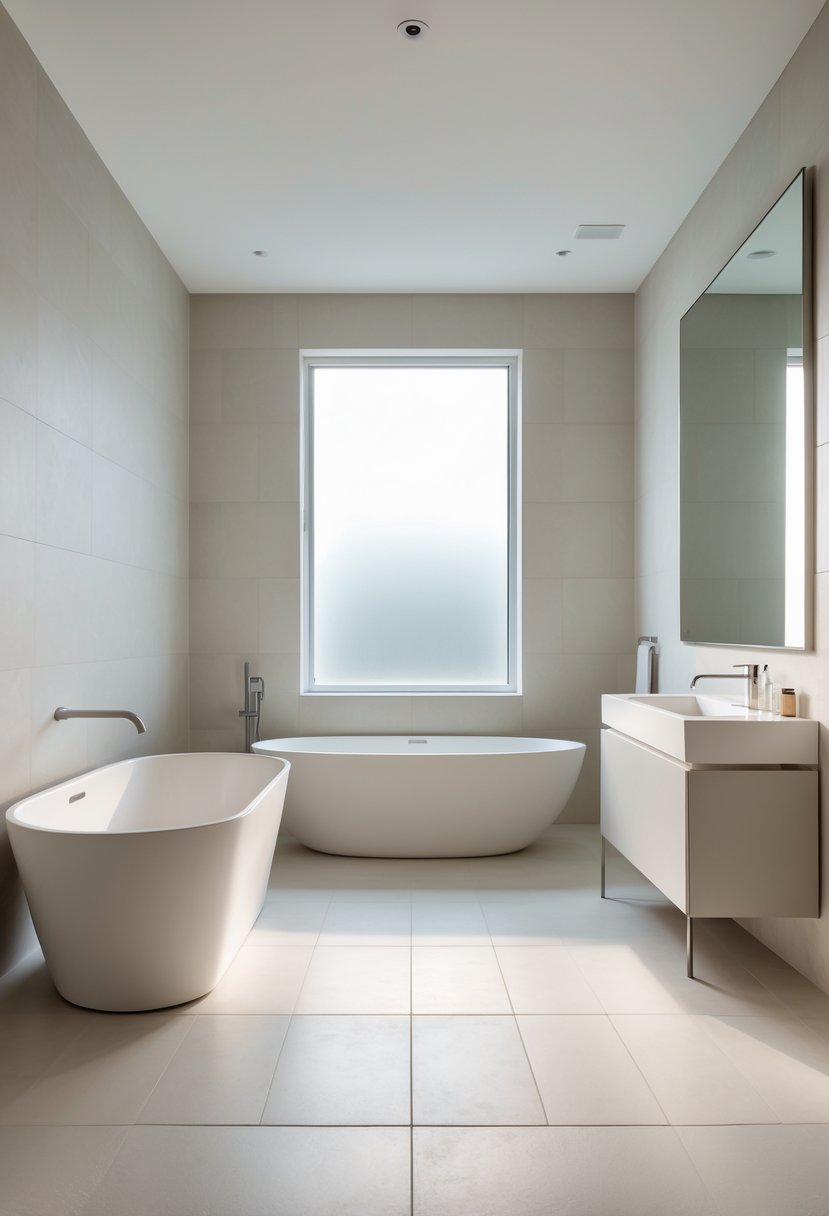 A spacious bathroom with large porcelain tiles on the floor and walls, a freestanding bathtub, and a vanity with a mirror.