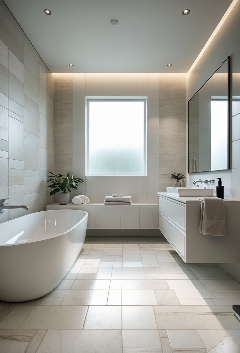 Modern bathroom with engineered quartz tiles on the floor and walls, featuring a bathtub, vanity, and natural light.