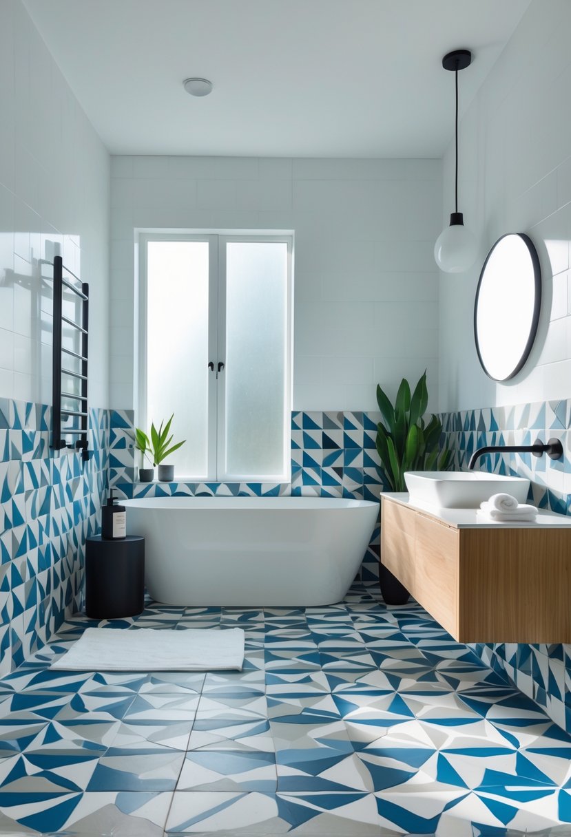 A modern bathroom with bold geometric patterned tiles on the floor and walls, featuring a white bathtub, wooden vanity, and natural light.