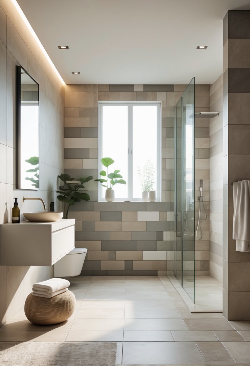 Modern bathroom interior with matte finish tiles on walls and floor, featuring a floating vanity, large mirror, and walk-in shower.
