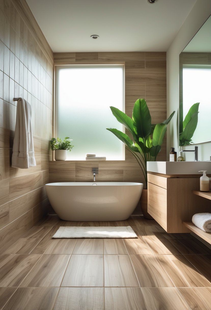 A bathroom with wood-look tiles on the floor and walls, featuring a white bathtub, wooden vanity, mirror, and plants.