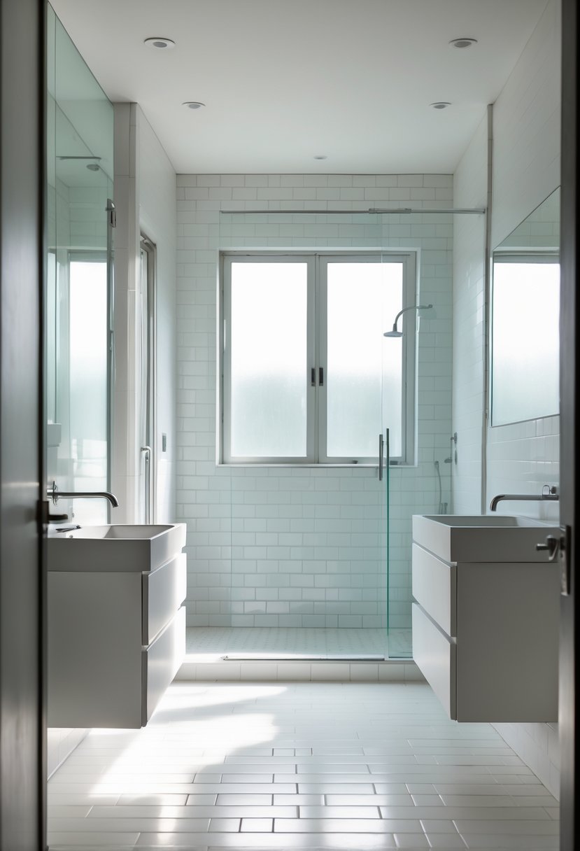 A bright bathroom with white tiles on the walls and floor, a glass shower, and a white vanity with a sink.
