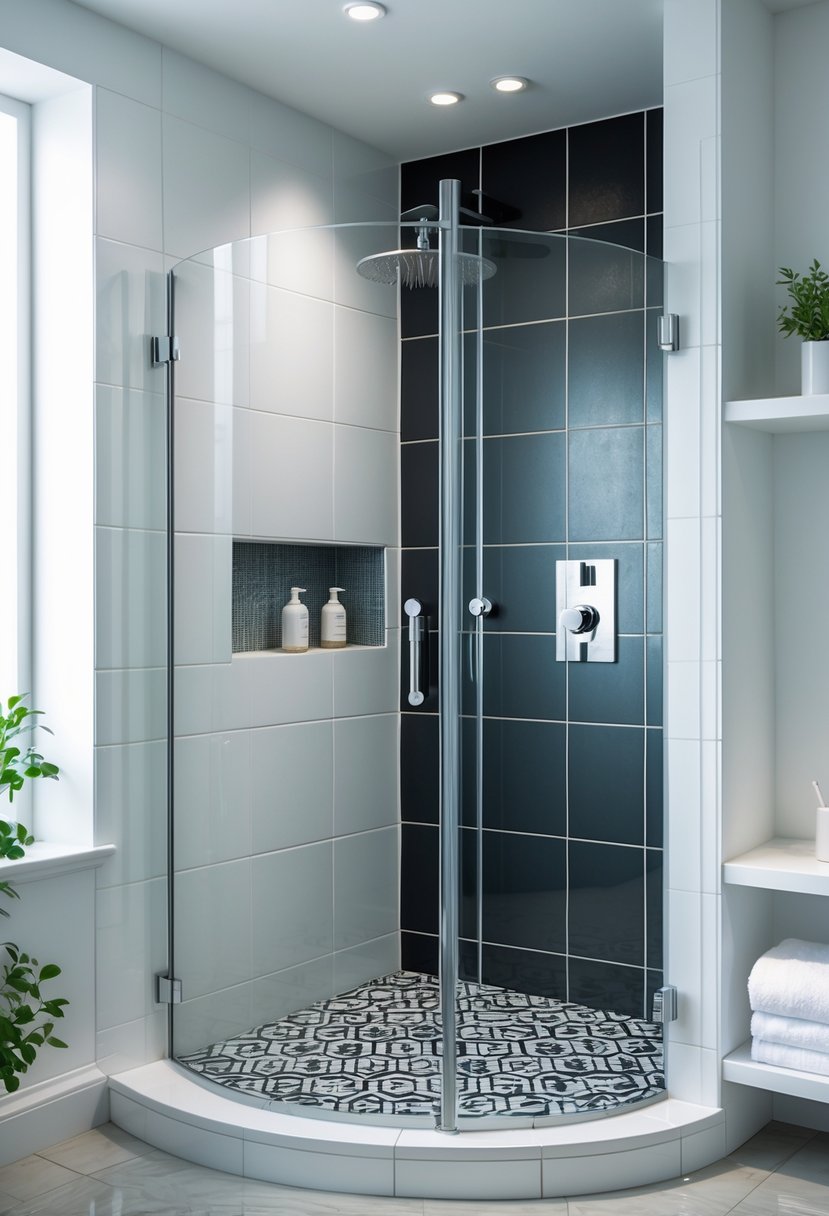 An alcove shower with contrasting light and dark tiles, a glass door, and a rain showerhead in a clean bathroom.