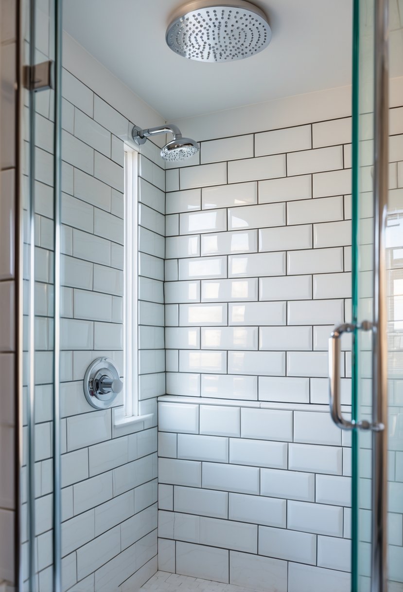A bathroom shower with glossy white subway tiles and a glass door, showing a chrome showerhead.