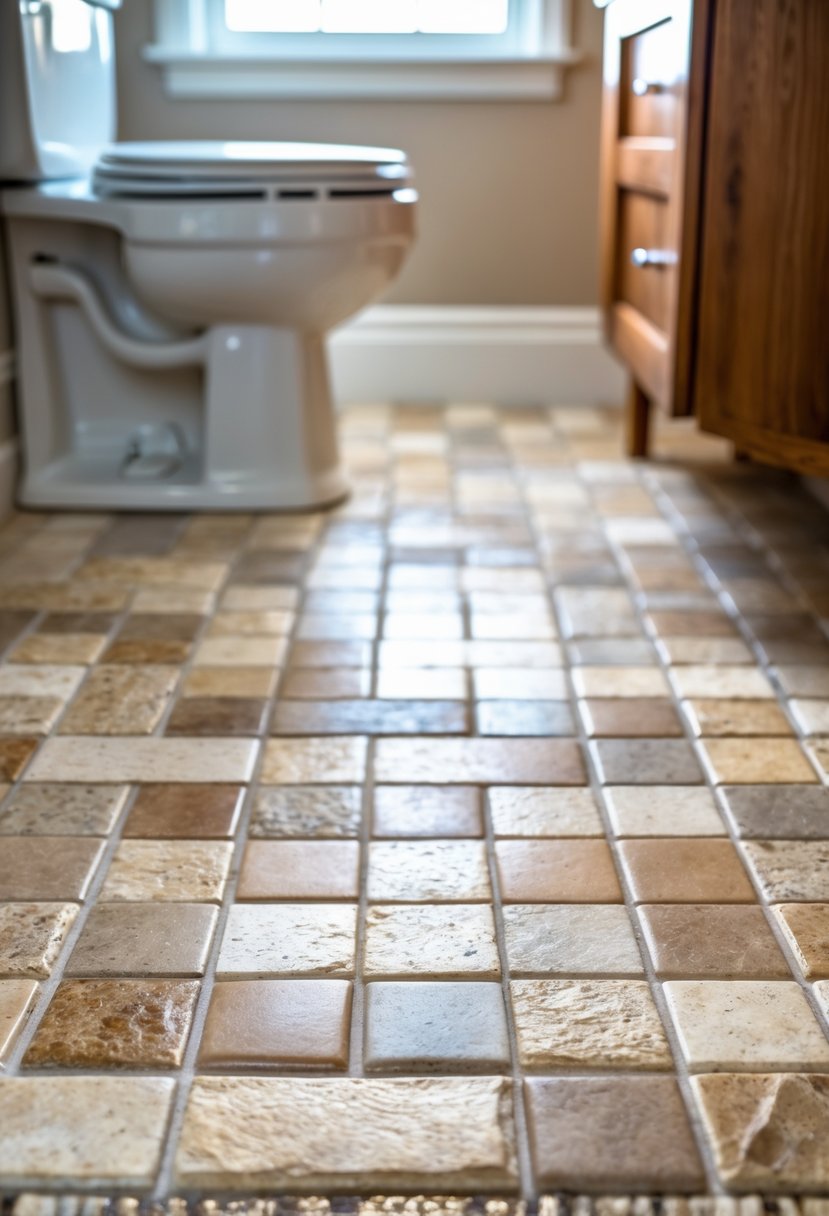 Small bathroom floor covered with natural stone tiles in earthy tones, showing part of a toilet base and a wooden vanity.