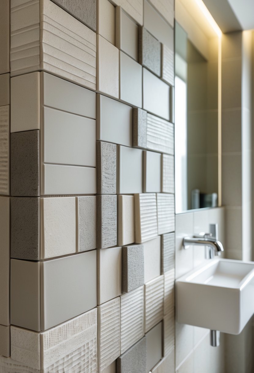 Close-up view of a bathroom wall with textured tiles creating depth, with a sink and faucet partially visible in the background.