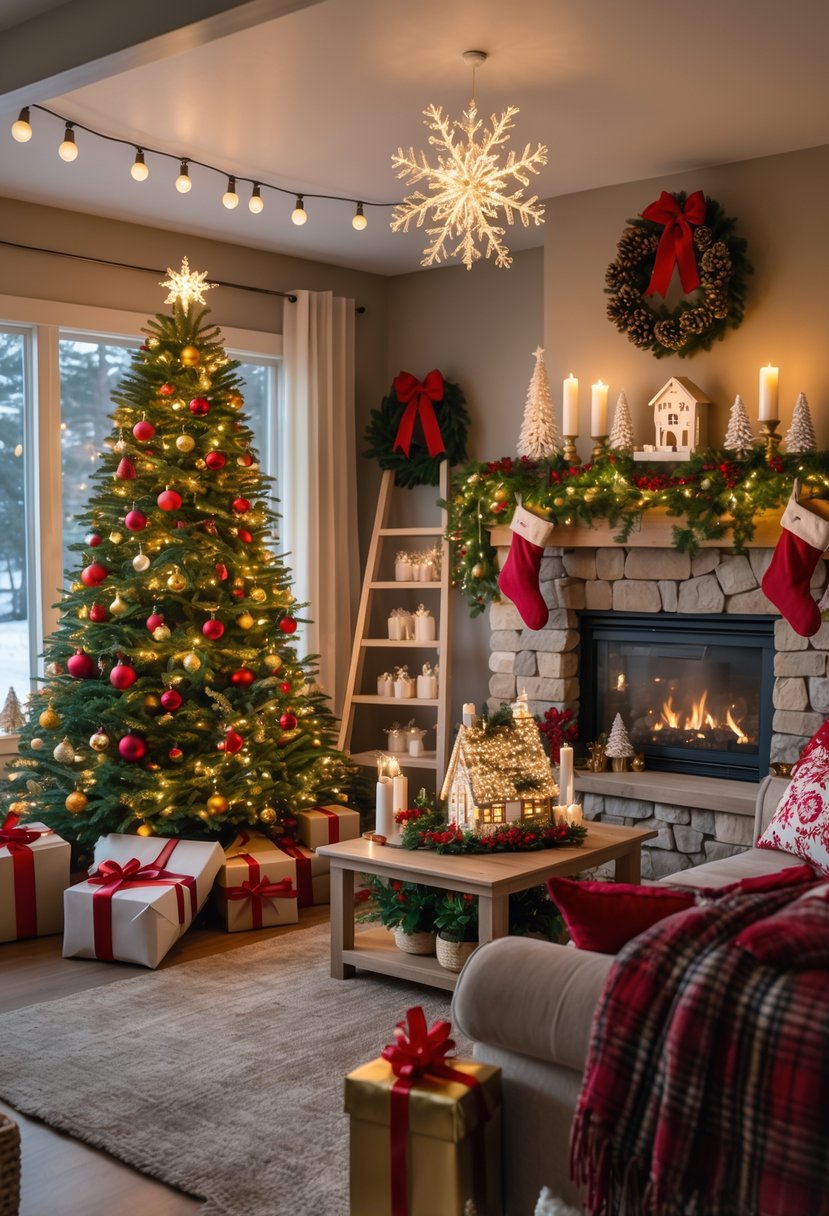 A living room decorated for Christmas with a tree, fireplace mantel garland, stockings, wrapped gifts, festive cushions, string lights, wreath, and various holiday decorations.