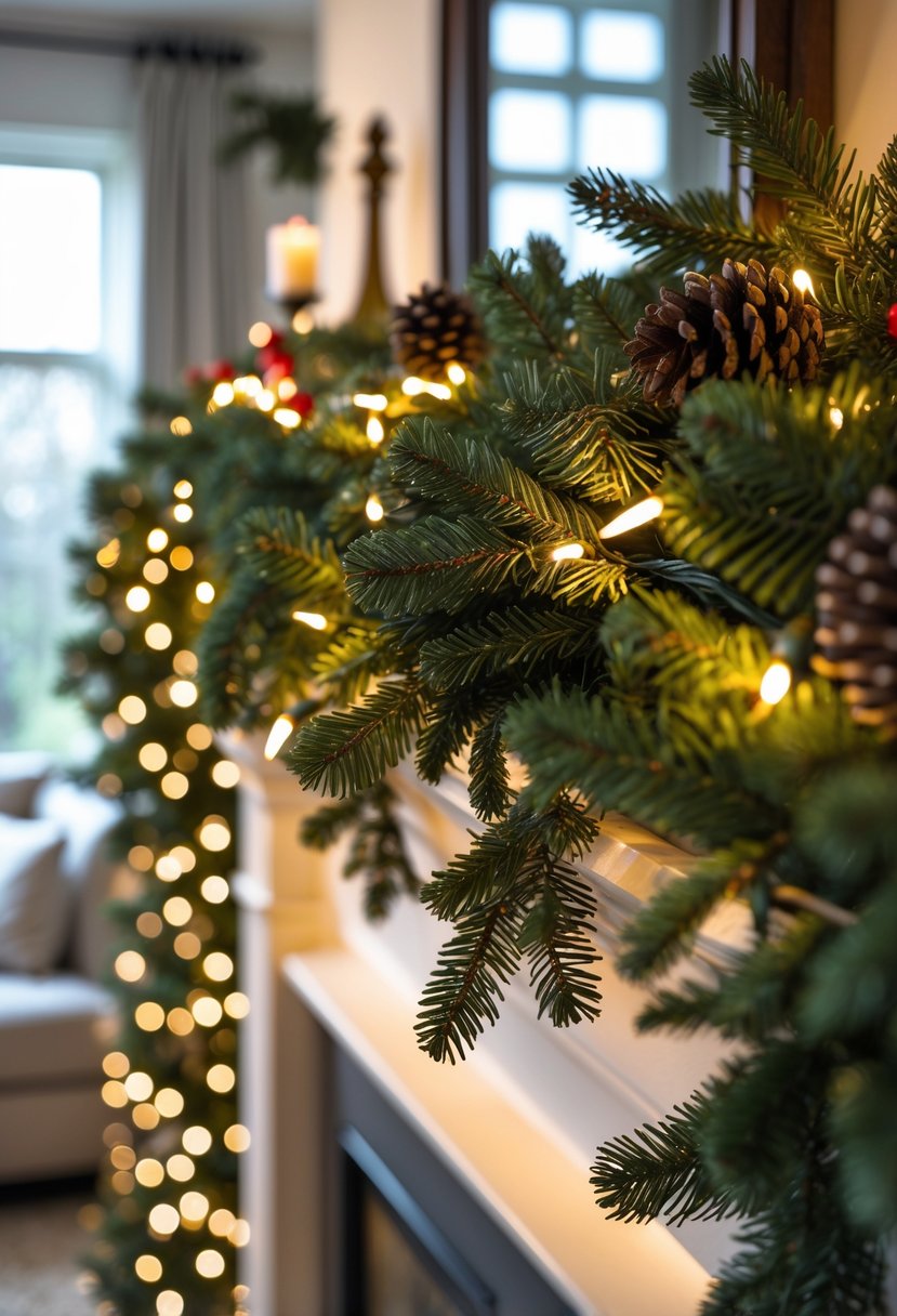 A living room mantel decorated with evergreen garlands and fairy lights for Christmas.