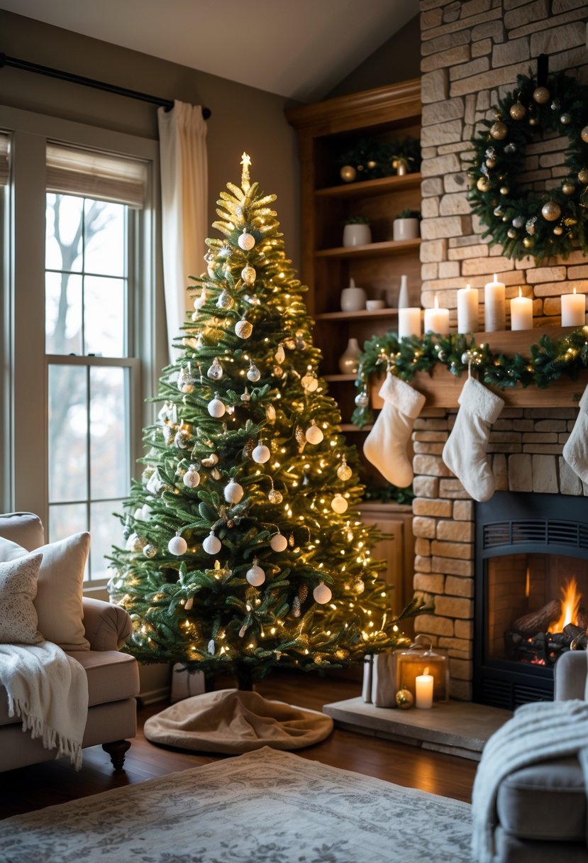 A living room with a decorated Christmas tree next to a fireplace and holiday decorations around.