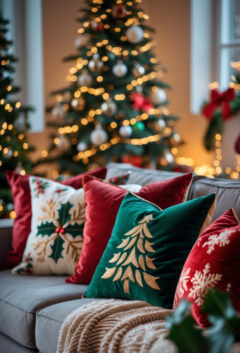 A living room sofa decorated with velvet throw pillows featuring festive Christmas patterns surrounded by holiday decorations.