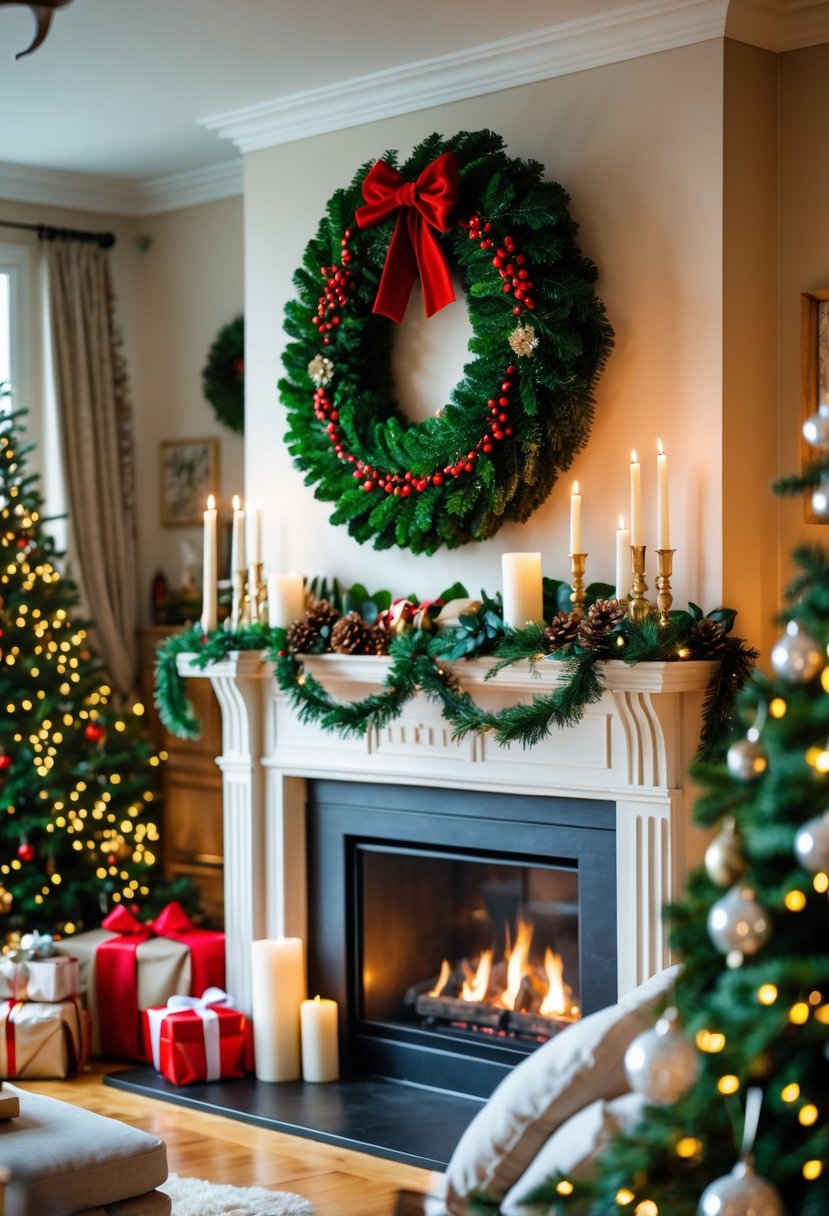 A living room with a large traditional wreath hanging above the mantel surrounded by Christmas decorations.