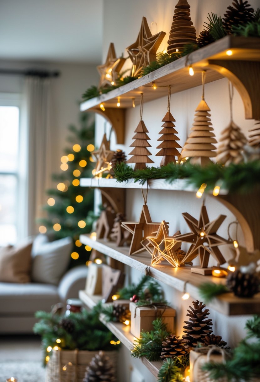 Living room shelves decorated with rustic wooden Christmas ornaments, pine branches, and warm string lights.