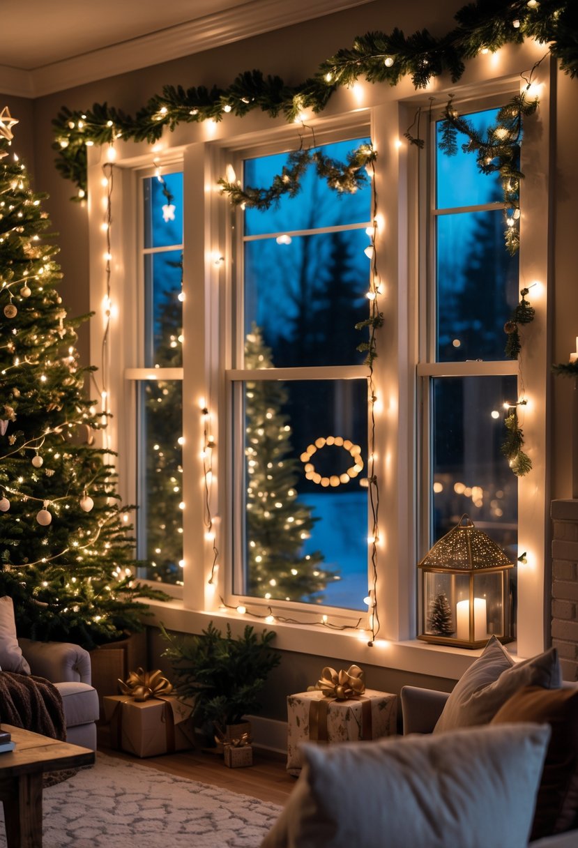 A living room decorated for Christmas with twinkling string lights wrapped around the window frames and festive decorations inside.