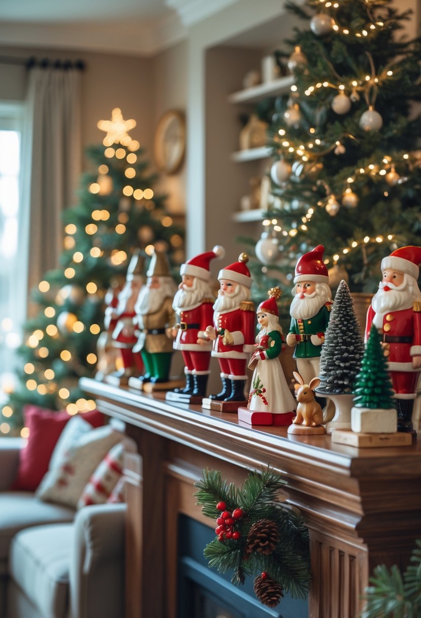 A living room decorated for Christmas with a variety of vintage-style figurines displayed on a mantel and shelves, surrounded by a Christmas tree and festive decorations.