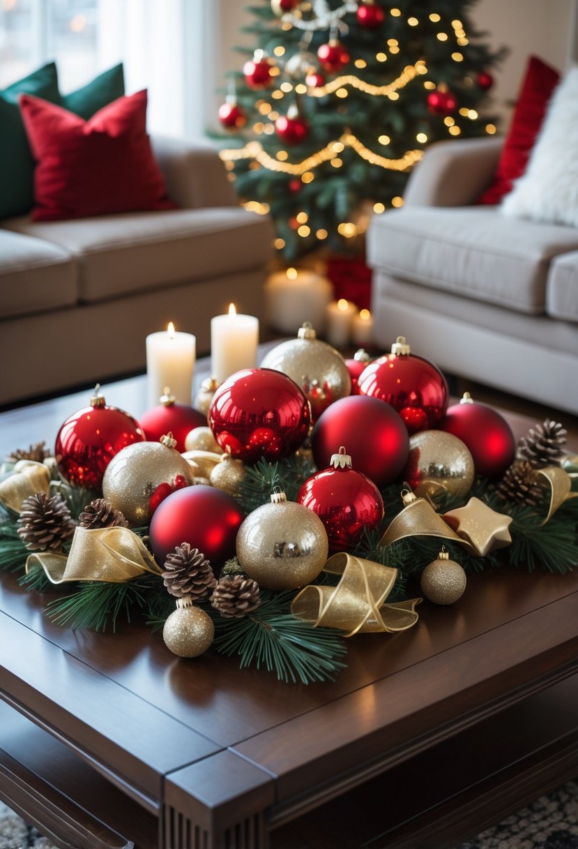 A living room coffee table decorated with red and gold Christmas ornaments as a festive centerpiece.
