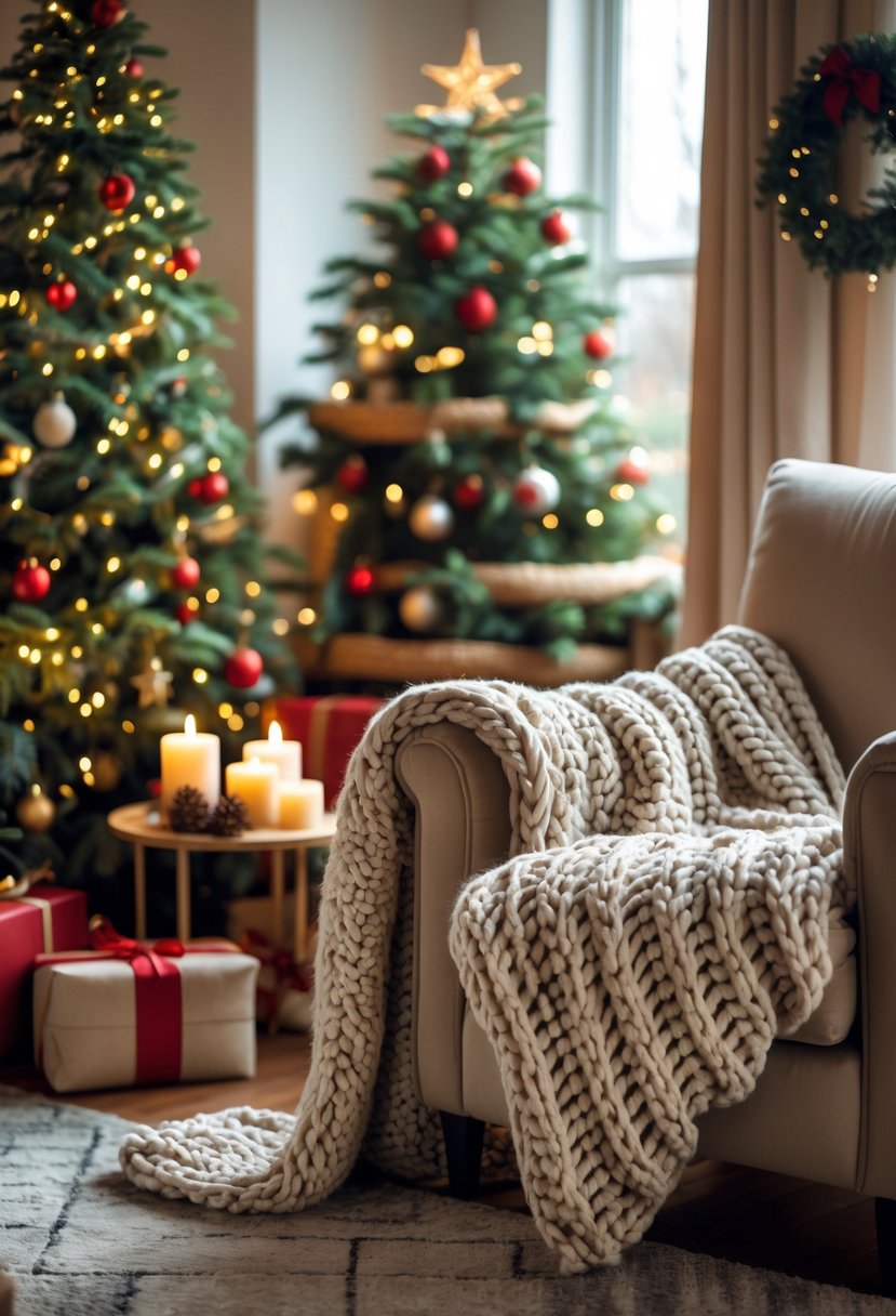 A cozy living room corner with an armchair draped with a chunky knit blanket and decorated for Christmas with a tree, presents, and festive decorations.