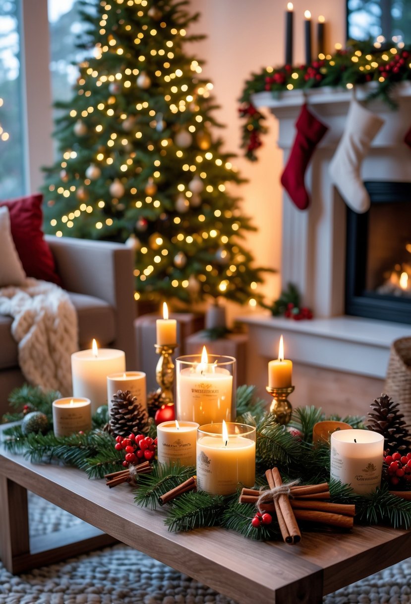 Living room decorated for Christmas with scented pine and cinnamon candles on a coffee table surrounded by festive greenery and ornaments.
