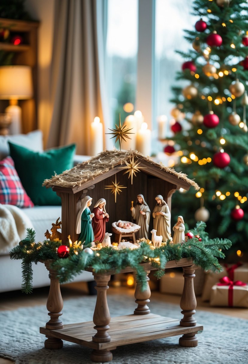 A nativity scene displayed on a side table surrounded by Christmas decorations in a living room.