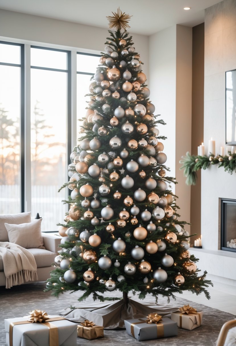 A Christmas tree decorated with metallic and glass baubles in a modern living room with minimalist furniture and natural light.