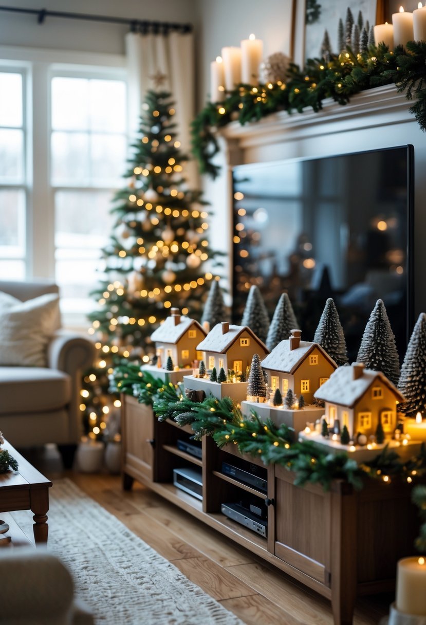 A living room with a TV stand decorated with miniature Christmas villages and festive holiday decorations.