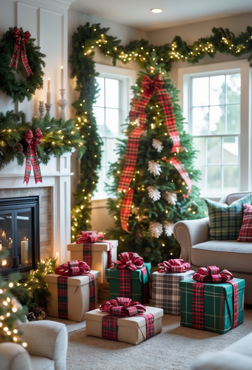 A living room decorated for Christmas with garlands and bows made from plaid ribbons on the fireplace, tree, and gifts.